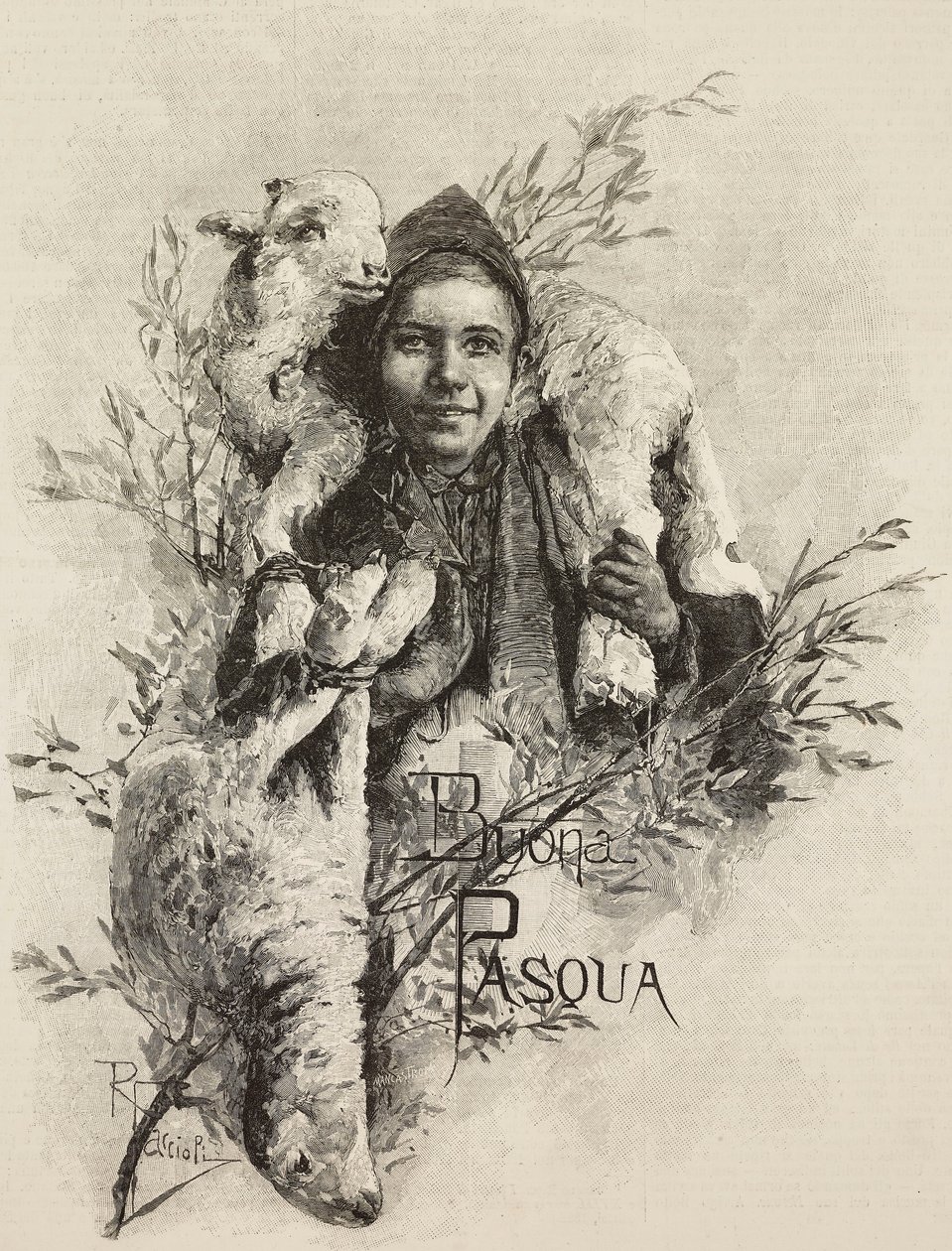 Feliz Páscoa, jovem com cordeiro nos ombros, gravura de pintura de Raffaele Faccioli (1836-1914), da L