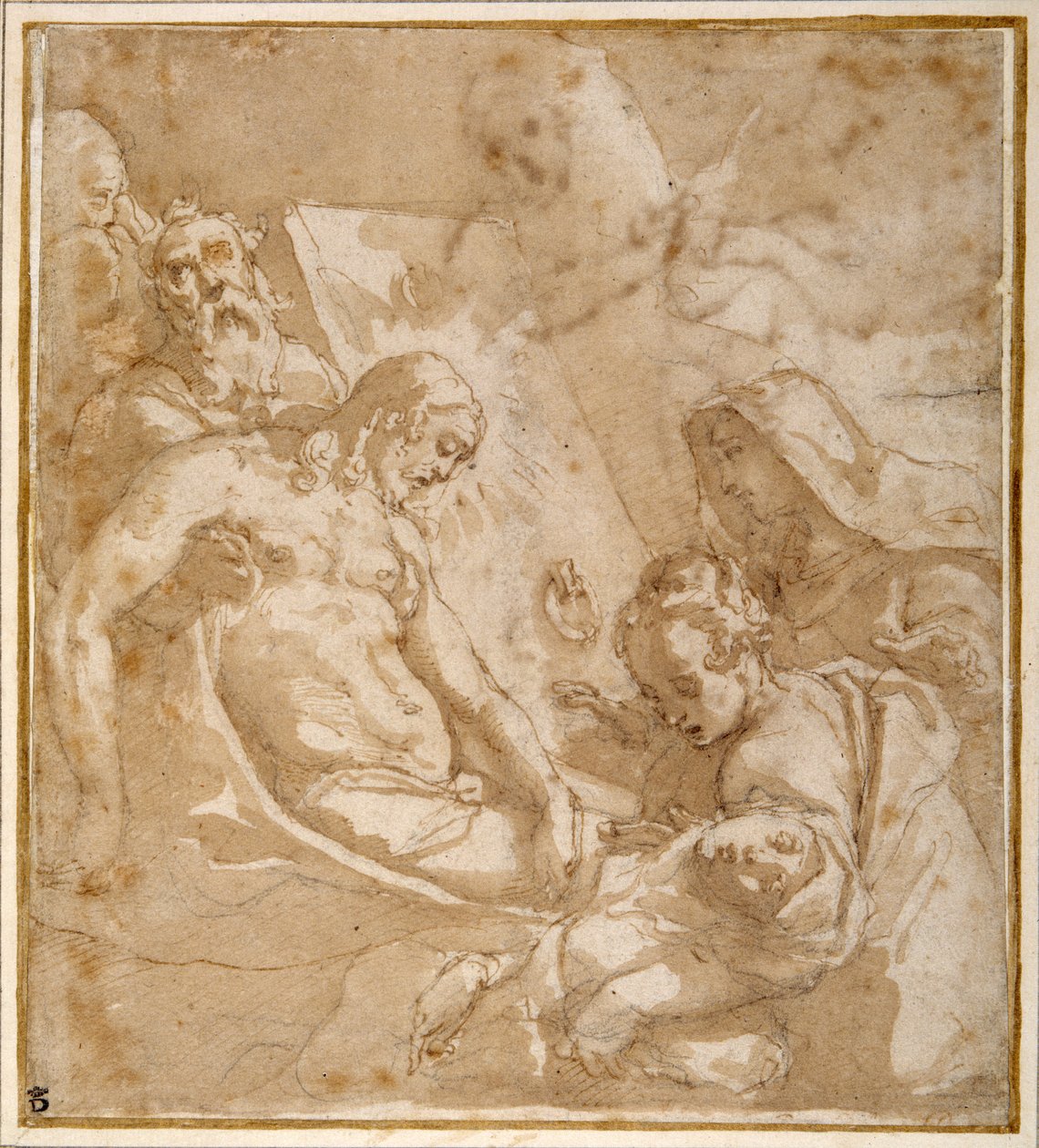 The Tombment (kynä ja muste pesuaineella ja guassilla, liidun päällä, paperille) tekijältä Raffaellino da Reggio (c.1550 78)