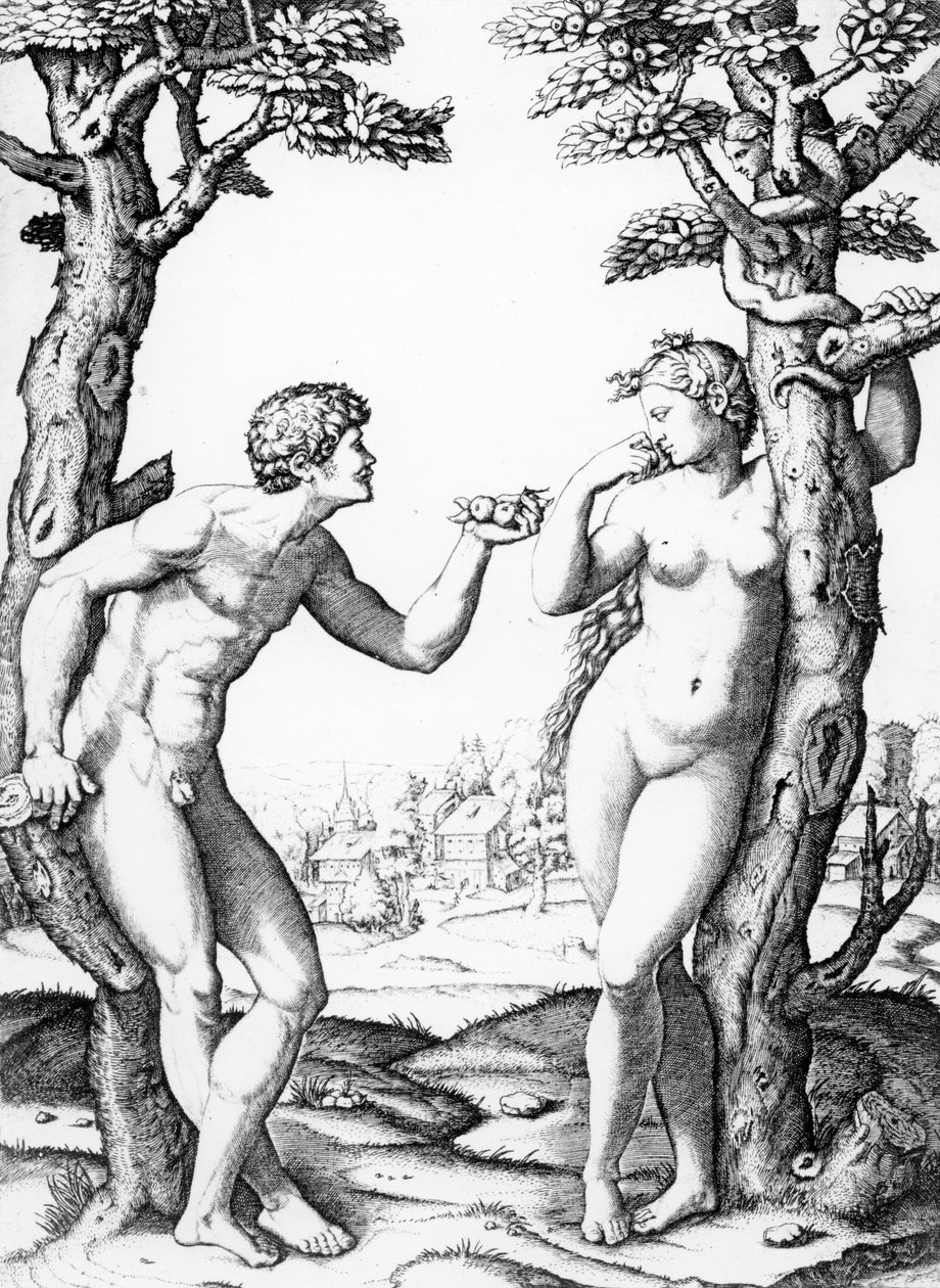 Adam ja Eeva, kaiverrus Marcantonio, n.1520 tekijältä Raffaello Sanzio Raphael