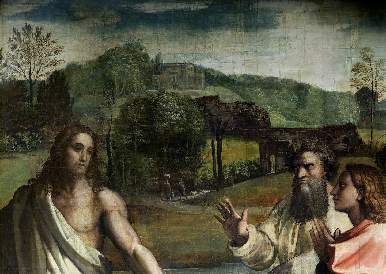 Kristuksen syytös Pyhälle Pietarille (sarjakuva Sikstuksen kappelille) (ennallistaminen) (33707:n yksityiskohta) tekijältä Raffaello Sanzio Raphael