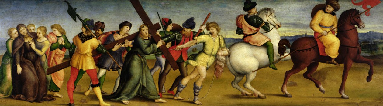 Kulkue Golgatalle, n. 1504-05 (öljy puulle) tekijältä Raffaello Sanzio Raphael
