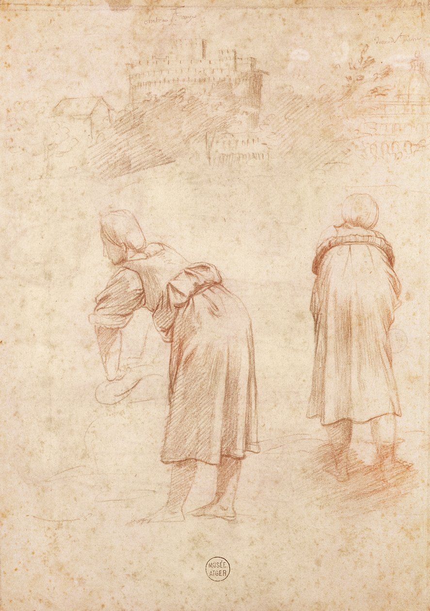 Pesijanaiset Tiberin rannoilla ja Saint-Angen linnan tutkimukset (punainen liitu paperille) tekijältä Raffaello Sanzio Raphael