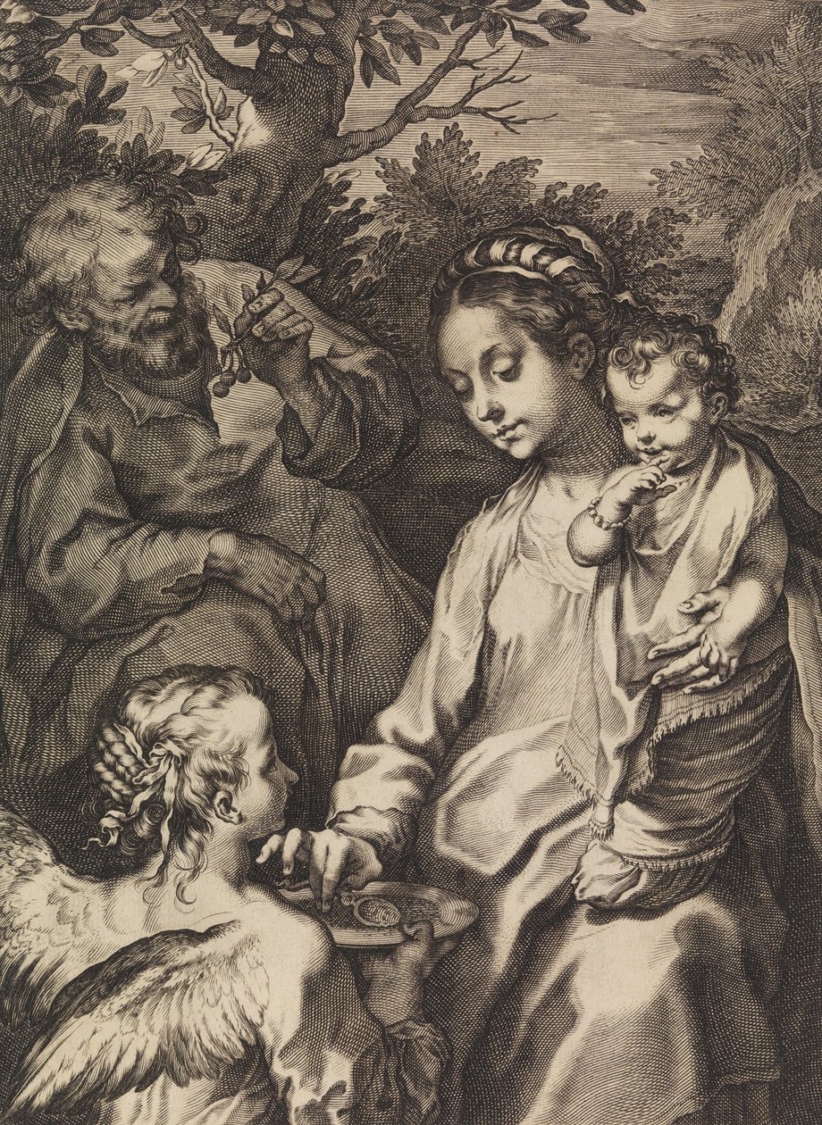 Pyhä perhe puurokulhon kanssa, n. 1580-n. 1614. tekijältä Raffaello Guidi