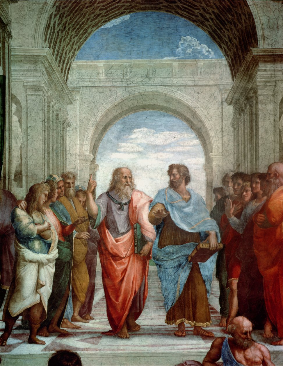 Aristoteles ja Platon: yksityiskohta Ateenan koulusta Stanza della Segnaturassa, 1510-11, fresko yksityiskohta 472:stä tekijältä Raffaello Sanzio Raphael
