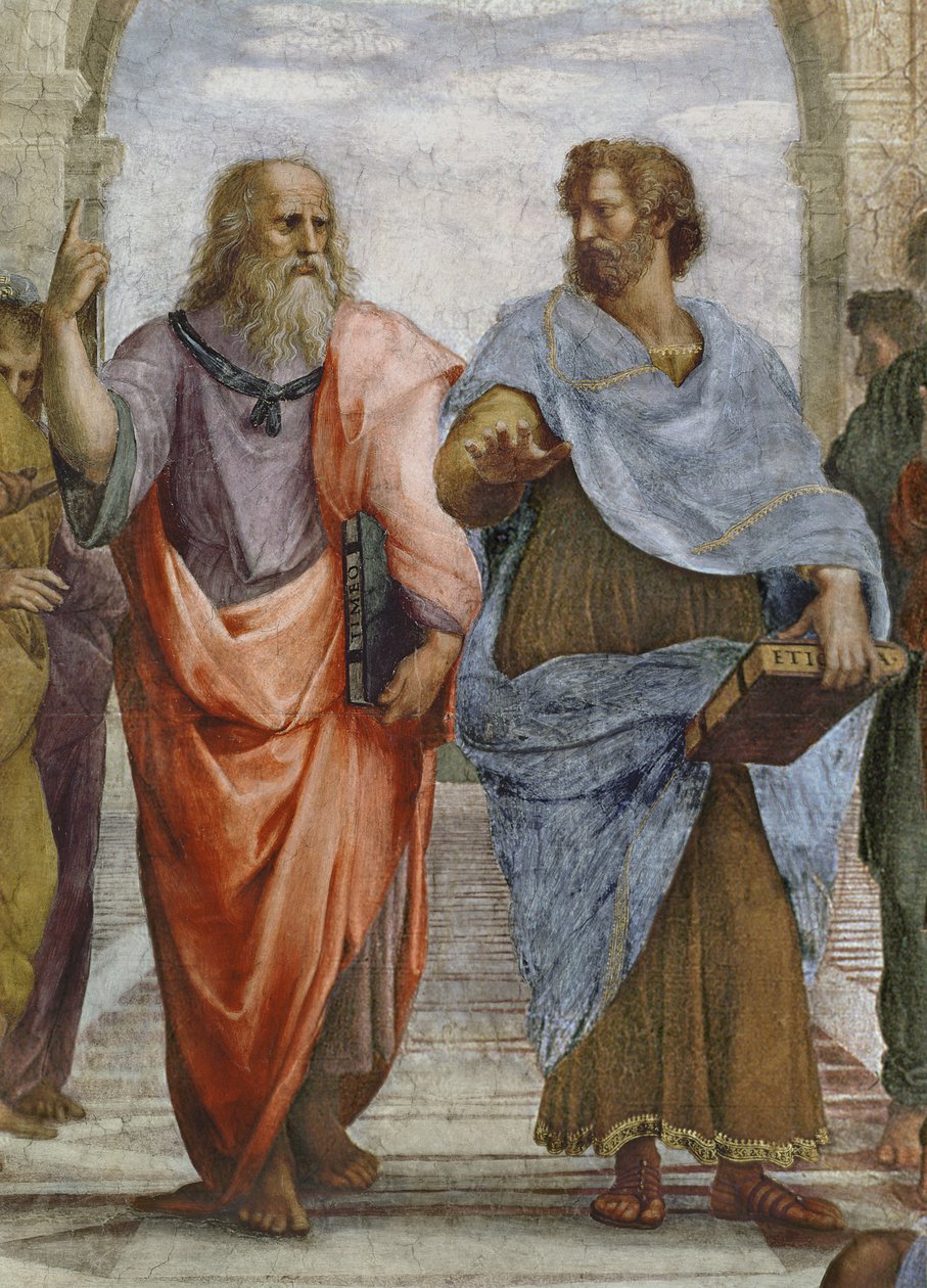 Aristoteles ja Platon: yksityiskohta Ateenan koulusta, 1510-11, fresko 472, detalji tekijältä Raffaello Sanzio Raphael