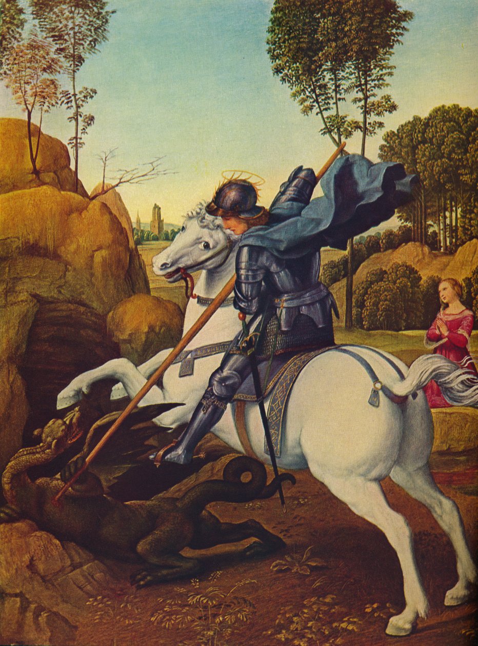 Pyhä Yrjö ja lohikäärme, c1505 tekijältä Raffaello Sanzio Raphael