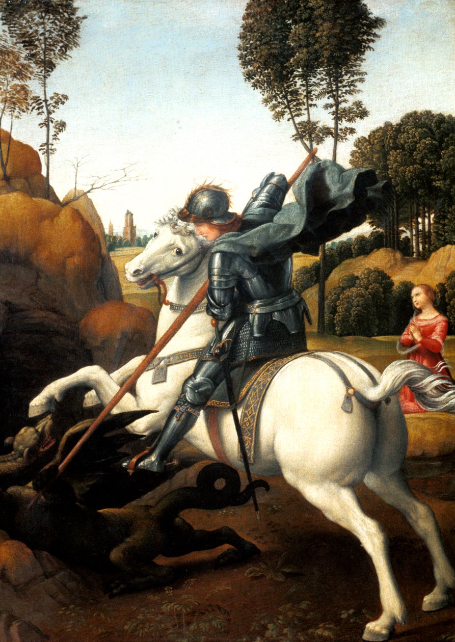 Pyhä Yrjö ja lohikäärme, c1506 tekijältä Raffaello Sanzio Raphael