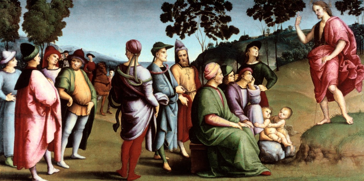 Pyhä Johannes Kastaja saarnaa, 1505 tekijältä Raffaello Sanzio Raphael