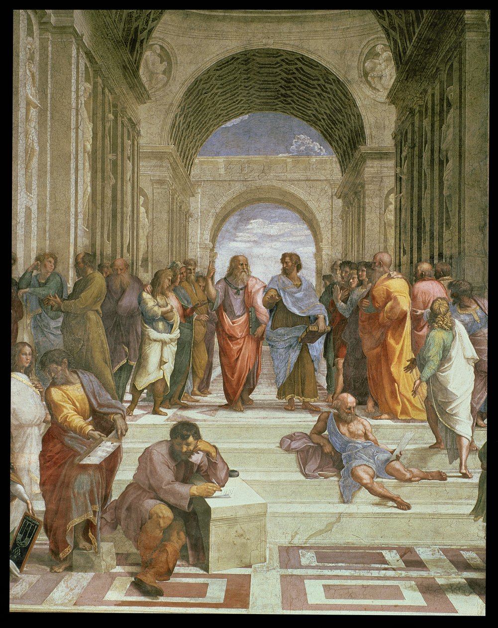 Ateenan koulu, keskuksen yksityiskohta, jossa on erilaisia hahmoja, kuten Platon, Aristoteles, Michelangelo Herakleitoksena ja Diogenes, 1510-11, fresko, yksityiskohta vuodelta 472. tekijältä Raffaello Sanzio Raphael