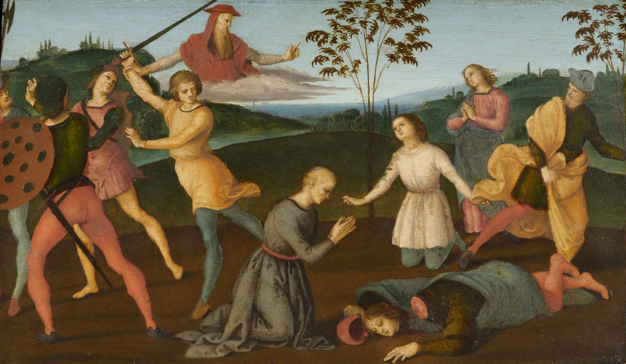 St. Jerome Sylvanuksen pelastaminen ja harhaoppisen Sabinianuksen rankaiseminen, 1502-1503 tekijältä Raffaello Sanzio Raphael