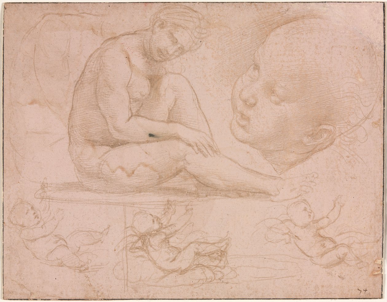 Tutkimukset istuvasta naisesta, Childsin päästä ja kolmesta vauvasta, n. 1507-8. tekijältä Raffaello Sanzio Raphael
