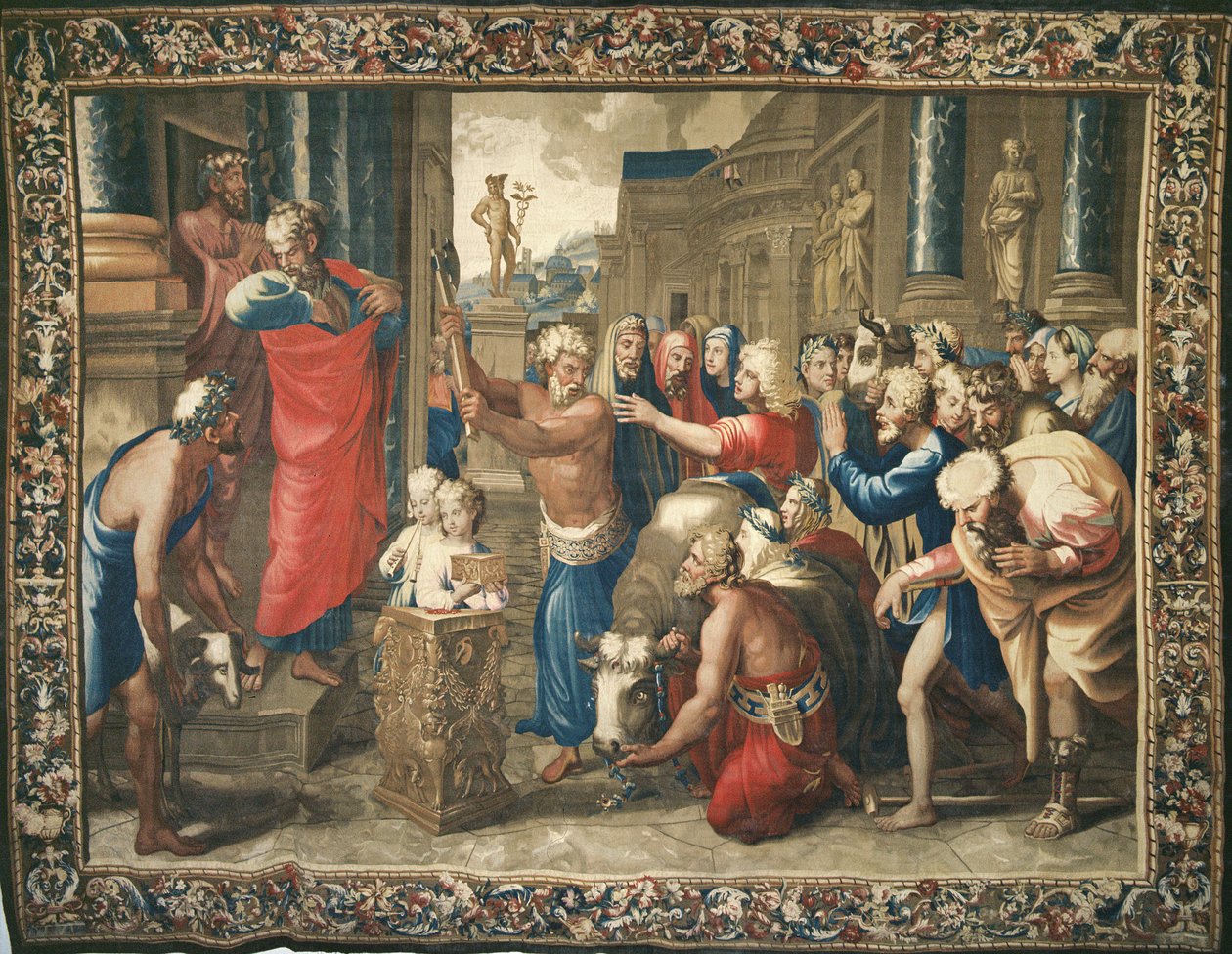 Apostolien tekoja kuvaava kuvakudos, Lystran uhri, kudottu Beauvais-työpajassa Philippe Behaglen (1641-1705) johdolla, 1695-1698 (villakudos) tekijältä Raffaello Sanzio Raphael