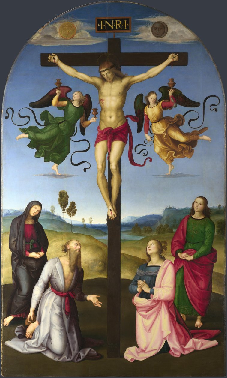 Ristiinnaulittu Kristus Neitsyt Marian, pyhien ja enkelien kanssa Mondin ristiinnaulitseminen, 1502-1503 tekijältä Raffaello Sanzio Raphael
