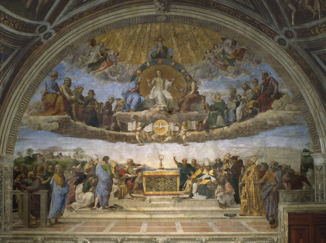 Disputaatio pyhästä sakramentista, teoksesta Stanza della Segnatura, 1509-10. tekijältä Raffaello Sanzio Raphael