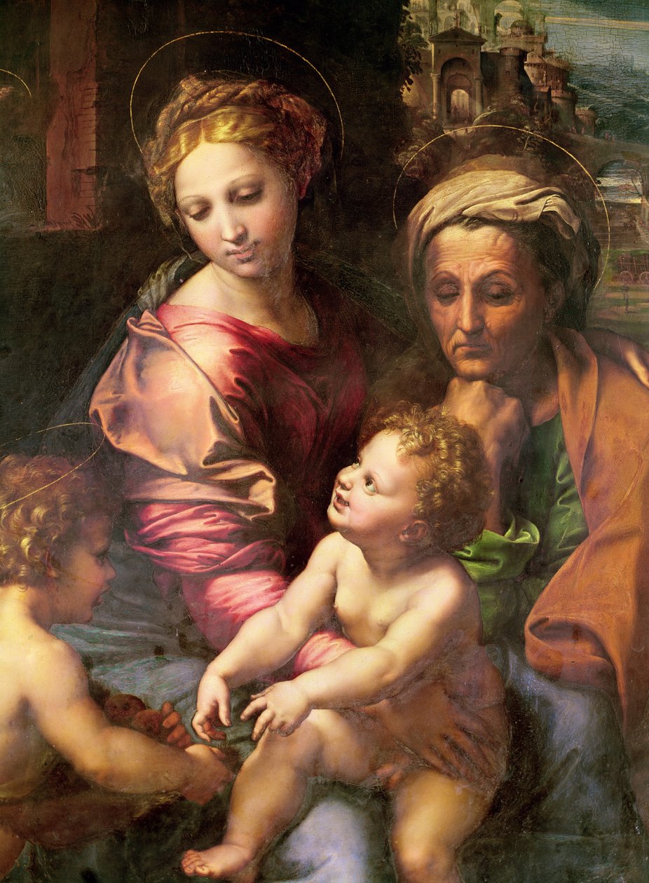 Pyhä perhe (tai Helmi), yksityiskohta: Neitsyt, Pyhä Elisabet ja lapsi, n. 1518 (öljy puulle) tekijältä Raffaello Sanzio Raphael