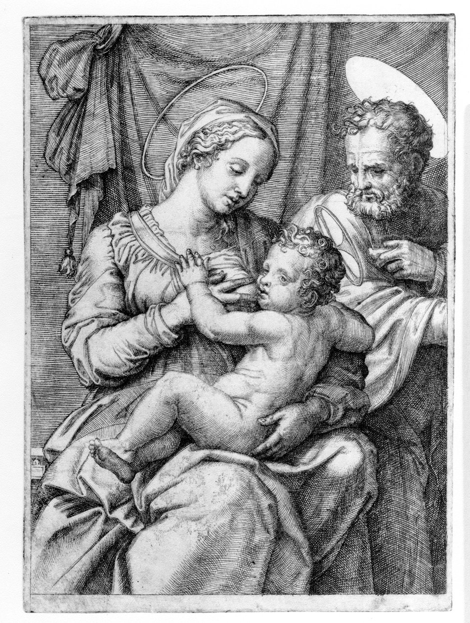 Pyhä perhe, kaiverrettu Marcantonio Raimondin toimesta, noin 1515. tekijältä Raffaello Sanzio Raphael