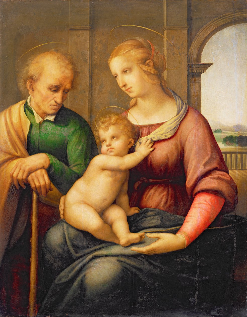 Pyhä perhe eli Madonna parrattoman Joosefin kanssa, n. 1506 (tempera ja öljy kankaalle siirretty paneelista) tekijältä Raffaello Sanzio Raphael