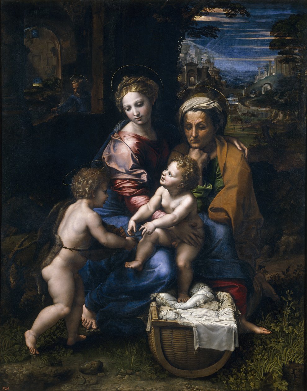 Pyhä perhe Johannes Kastajan ja Pyhän Elizabeth La Perlan kanssa tekijältä Raffaello Sanzio Raphael