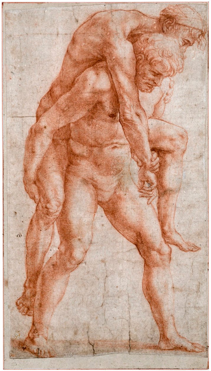 Nuori mies kantamassa vanhaa miestä selässään Aeneas ja Anchises, n. 1514 tekijältä Raffaello Sanzio Raphael