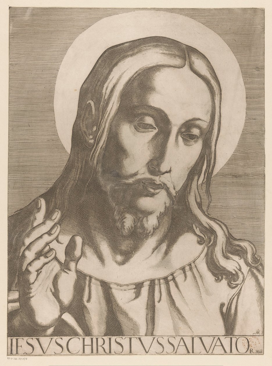 Kristus Jeesus Kristus Salvator Mudi (otsikko esineessä) Christ, Mary en de twaalf apostelen (sarjan nimi) The Sacred Apostol College (sarjan nimi) tekijältä Raffaello Schiaminossi