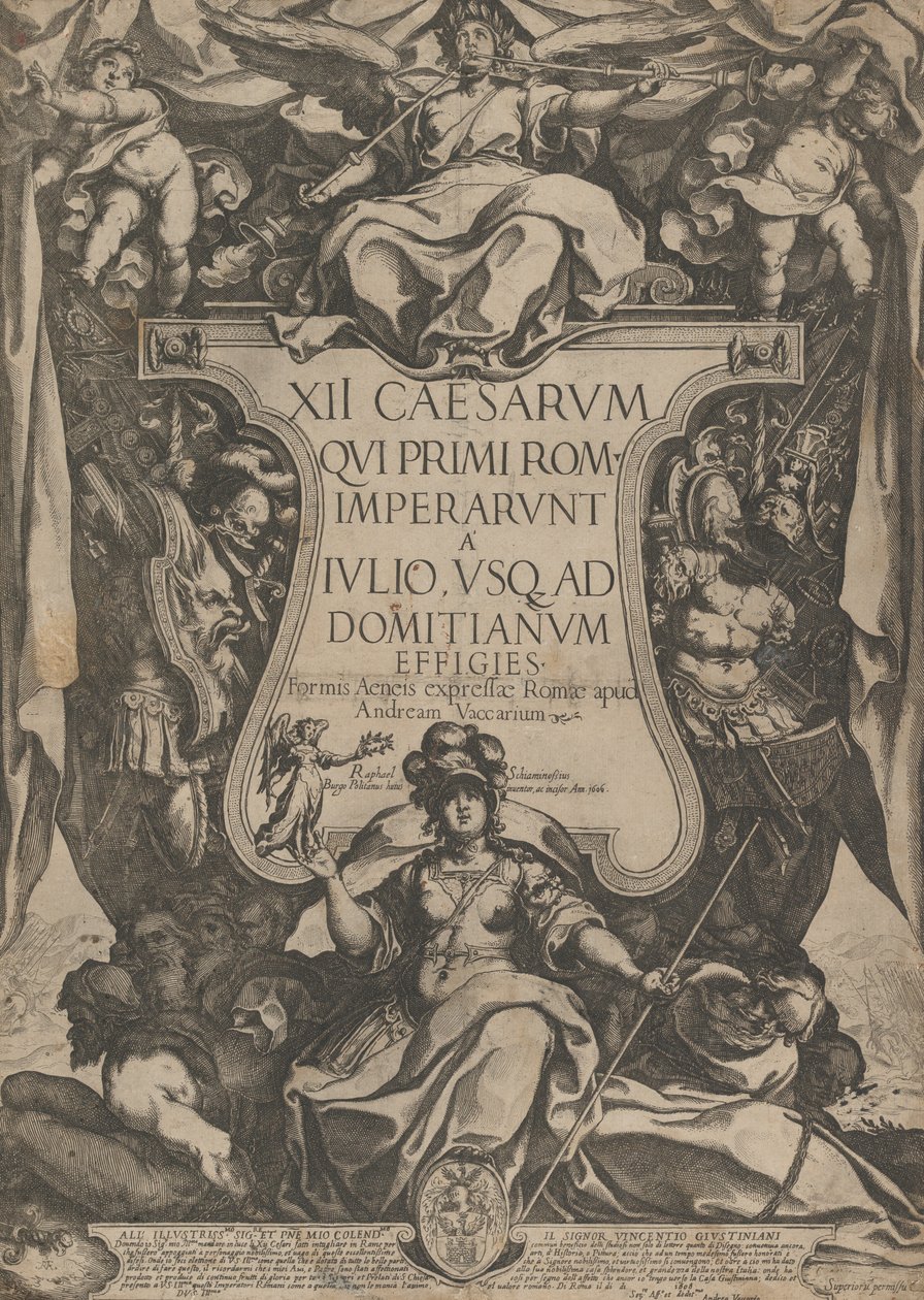 Etukappale, jossa trumpetin soivia trumpetteja istuen kartassin päällä, jonka vieressä on tr..., 1606. tekijältä Raffaello Schiaminossi
