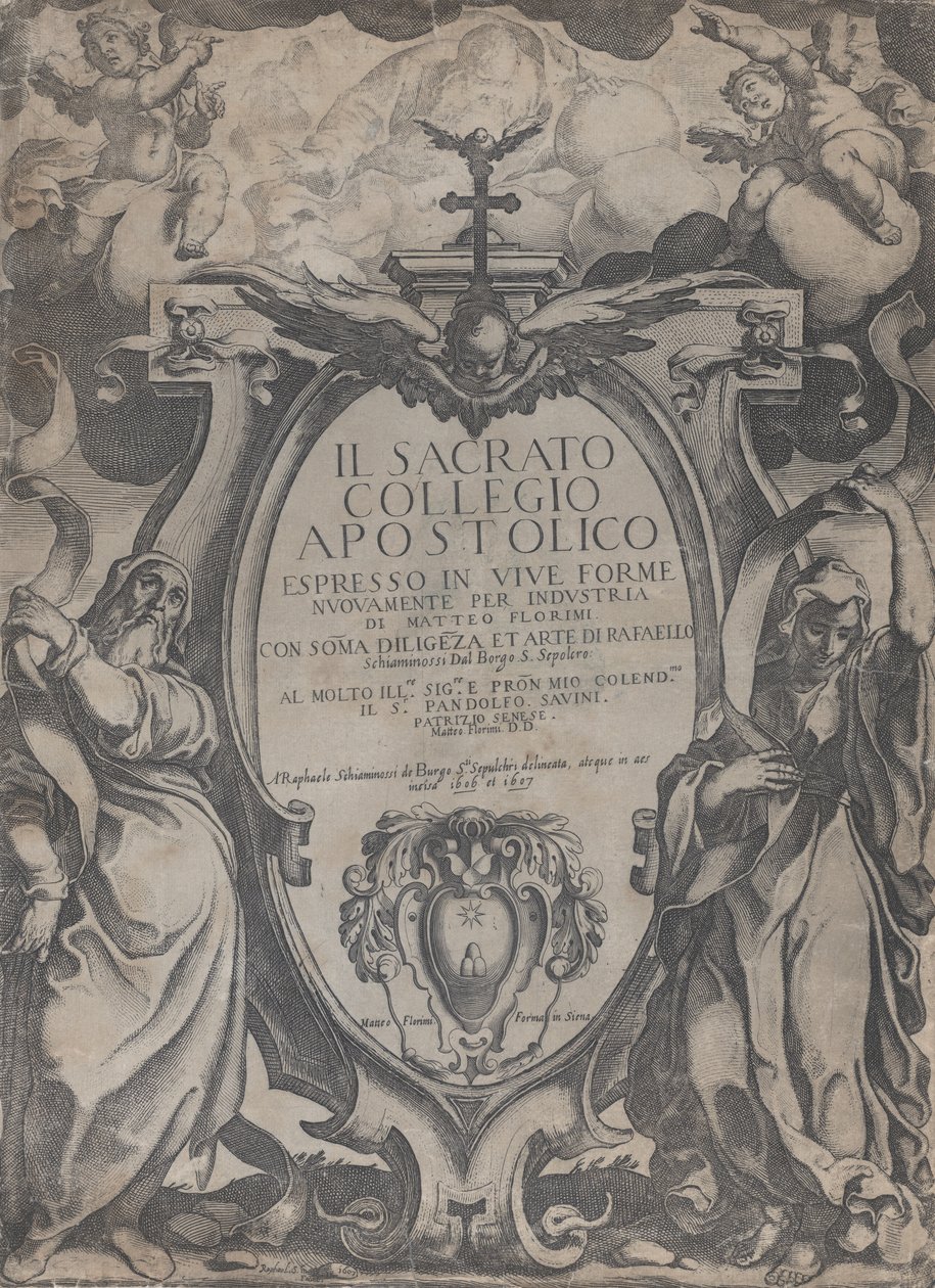 Etukappale, jossa kaksi hahmoa pitelee kääröjä ja kerubeja, jotka reunustavat cartouchea cen..., 1606-07. tekijältä Raffaello Schiaminossi