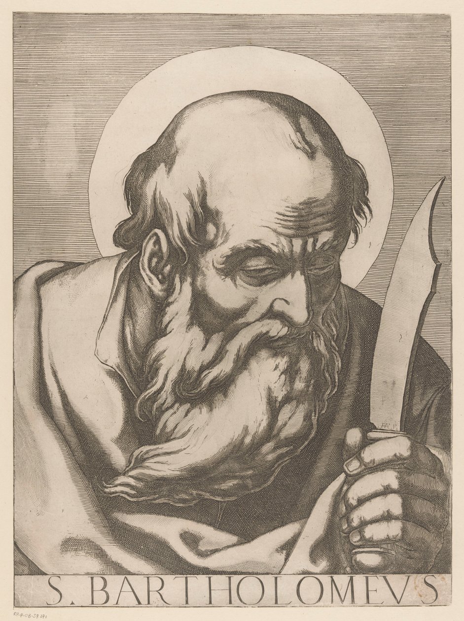 Pyhä Bartolomeus S. Bartholomeus (otsikko esineessä) Kristus, Maria ja kaksitoista apostolia (sarjan nimi) Il sacrato collegio apostolico (sarjan nimi) tekijältä Raffaello Schiaminossi