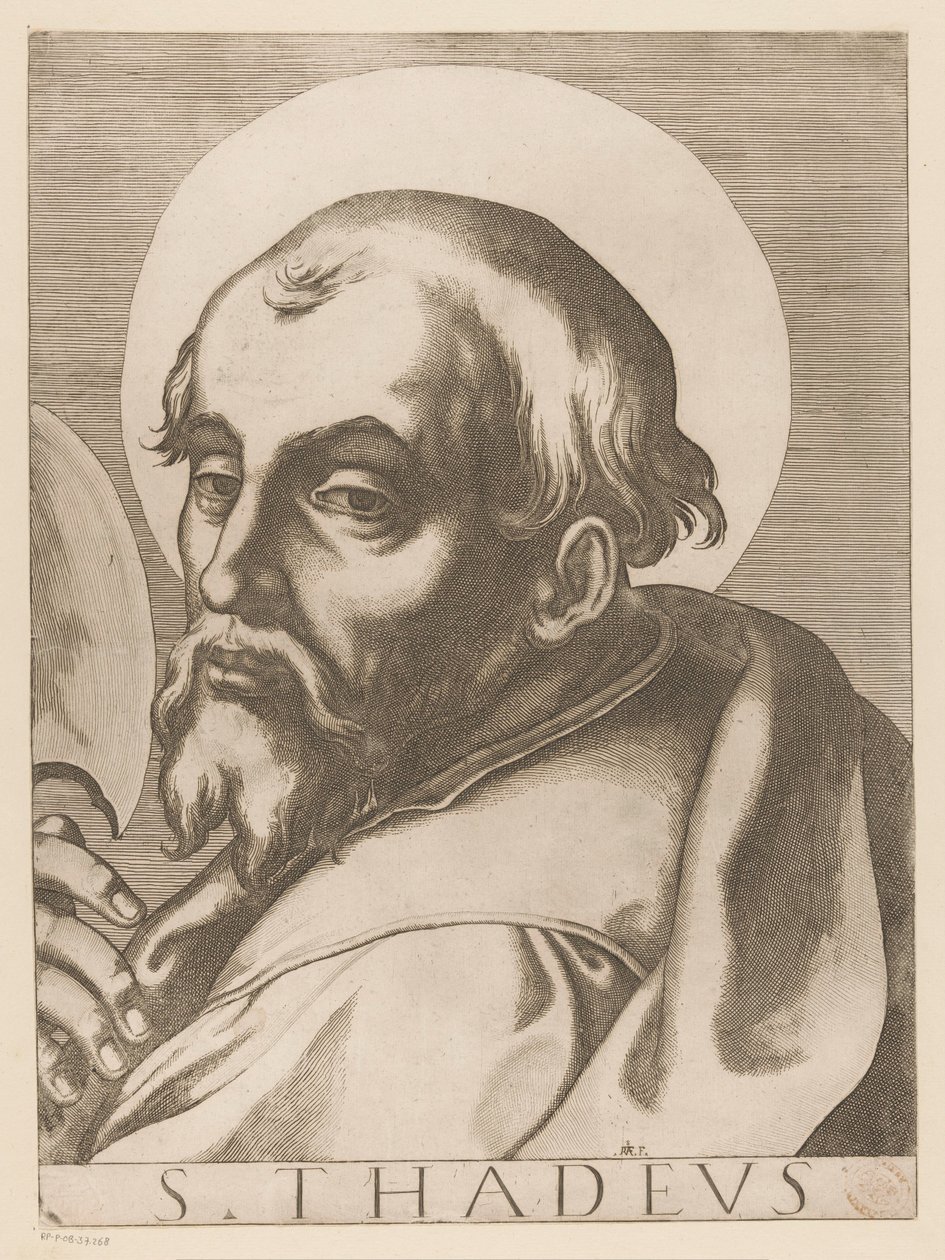 Heilige Judas Taddeus St. Thaddeus (otsikko esineessä) Christ, Mary en de twaalf apostelen (sarjan nimi) The Sacred Apostol College (sarjan nimi) tekijältä Raffaello Schiaminossi