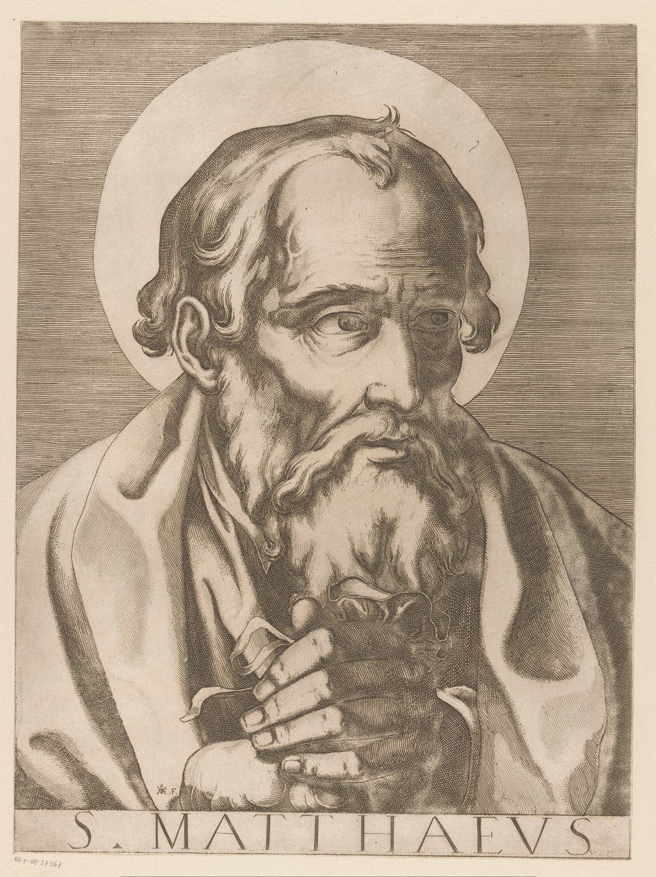 Pyhä Matteus S. Matthaeus (otsikko esineessä) Kristus, Maria ja kaksitoista apostolia (sarjan nimi) Il sacrato collegio apostolico (sarjan nimi) tekijältä Raffaello Schiaminossi