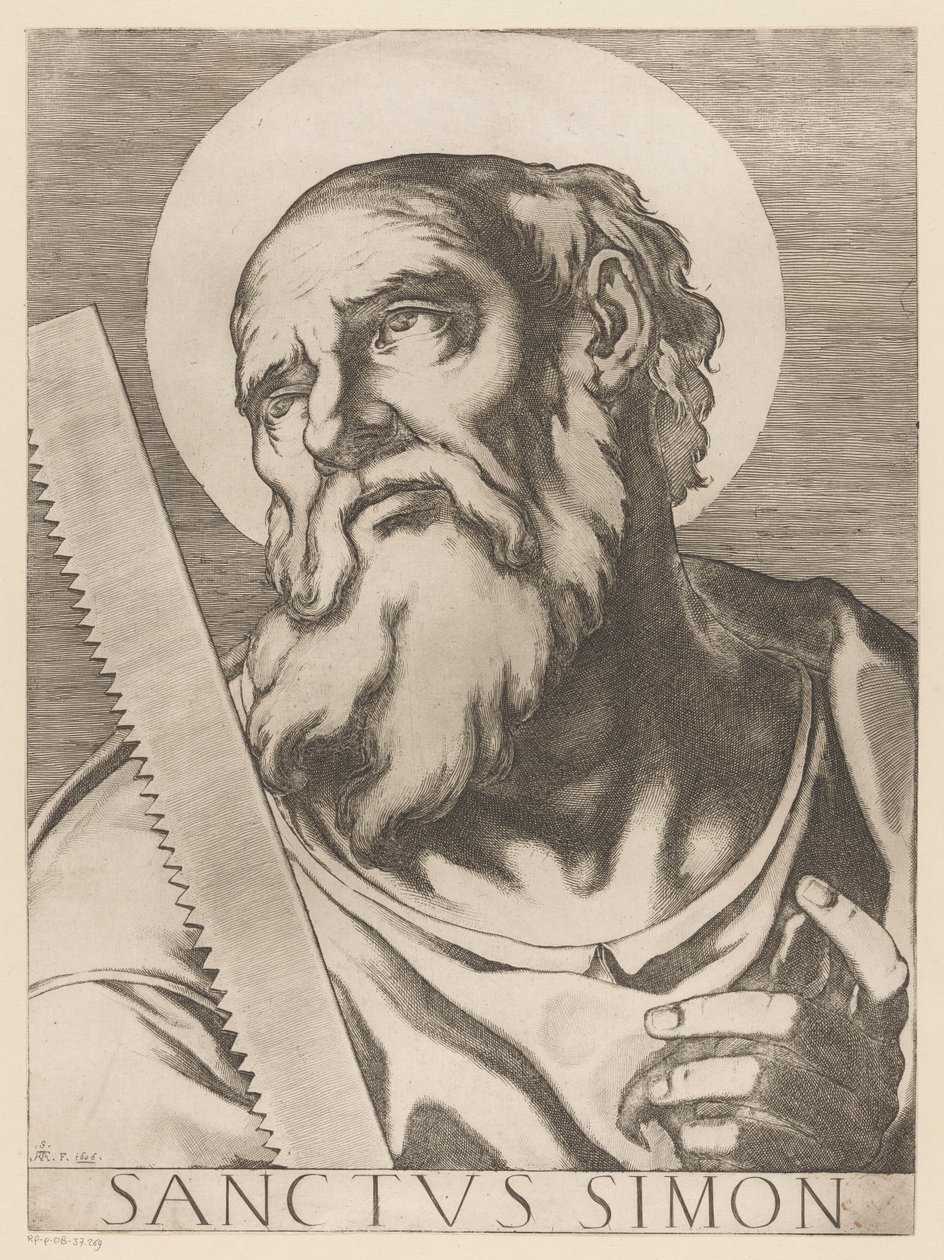 Pyhä Simon Zelotit Saint Simon (otsikko esineessä) Christ, Mary en de twaalf apostelen (sarjan nimi) The Sacred Apostol College (sarjan nimi) tekijältä Raffaello Schiaminossi
