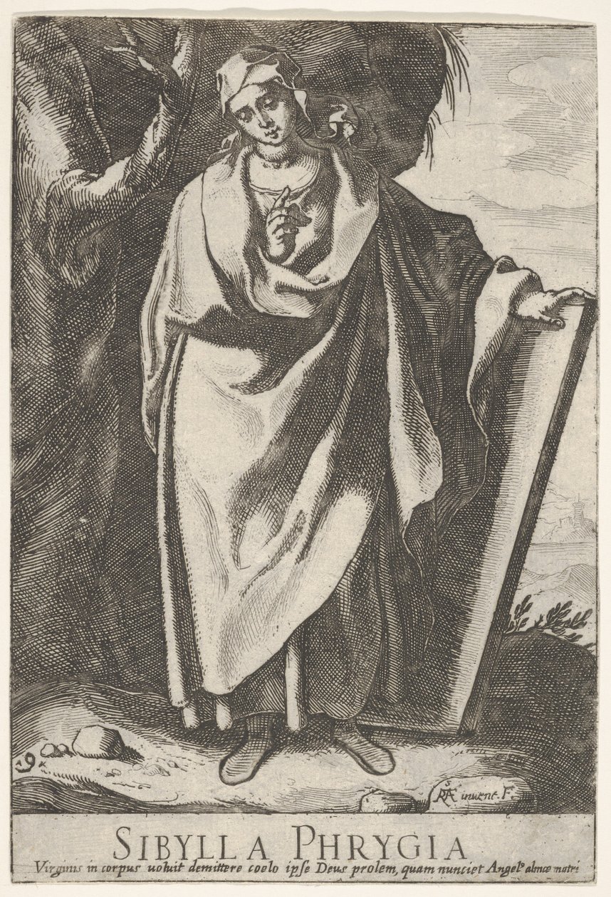 Levy 9: Fryygialainen Sibylla pitelee tabletin yläosaa vasemmalla kädellä ja osoittaa..., 1609. tekijältä Raffaello Schiaminossi
