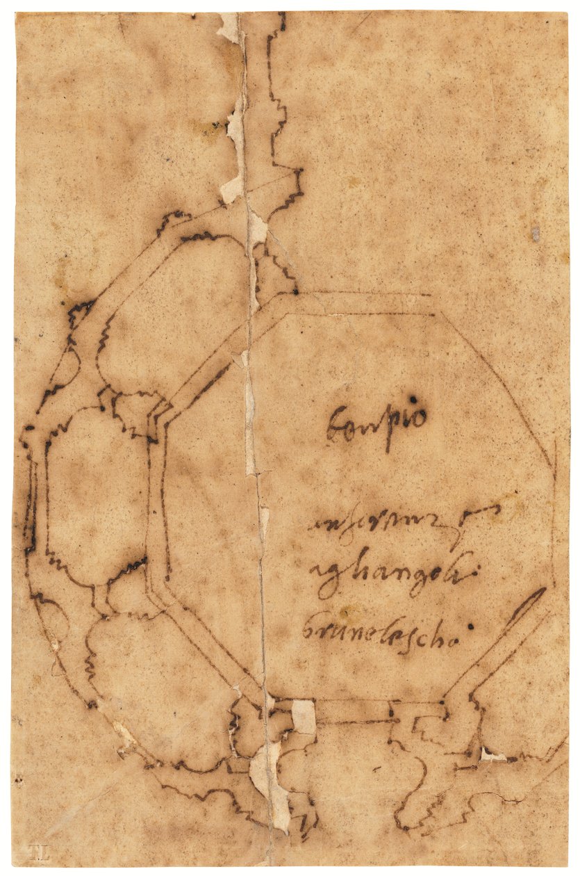 Santa Maria degli Angelin pohjapiirros, Firenze (kynä ja ruskea muste, öljytylle kuultopaperille). tekijältä Raffaello da Montelupo