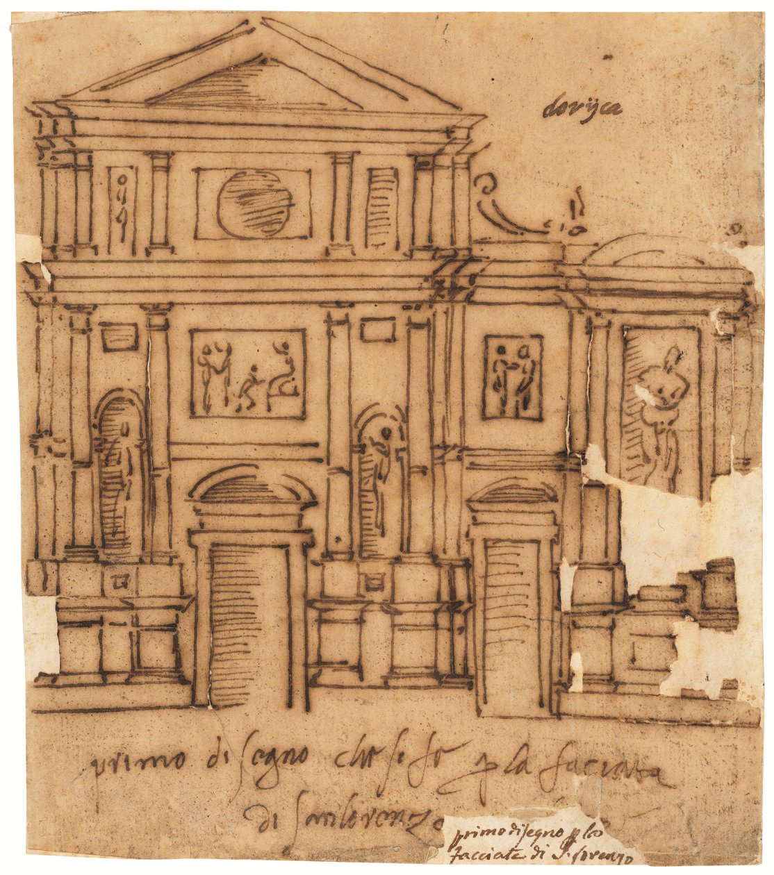 Suunnitelma San Lorenzon julkisivua varten, Firenze (tussi ja ruskea muste, öljytylle kuultopaperille) tekijältä Raffaello da Montelupo