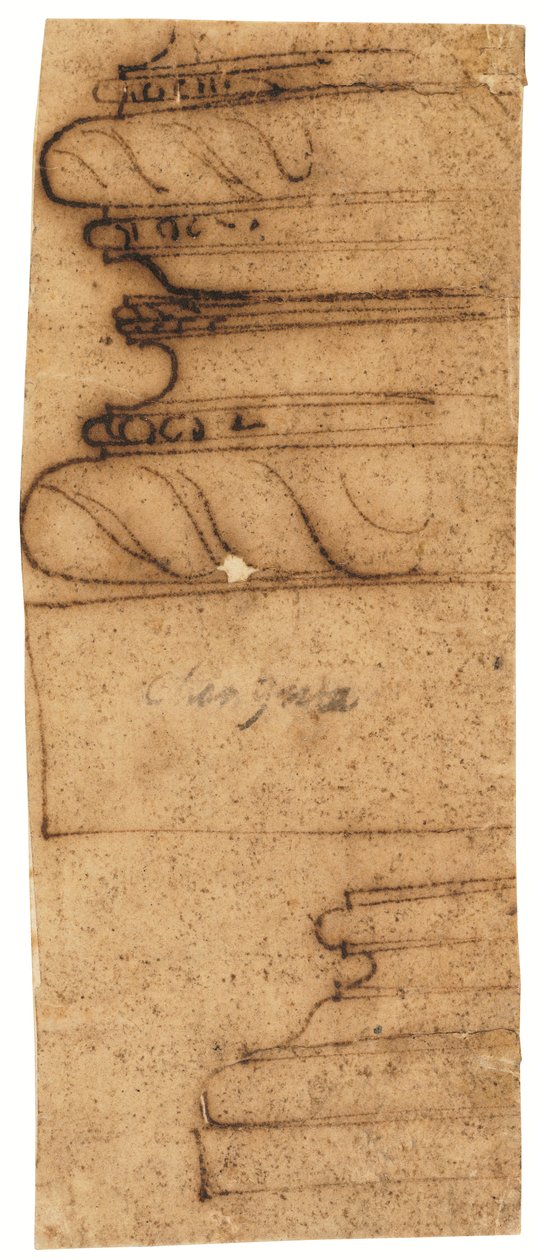 Kaksi arkkitehtonista fragmenttia (kynä ja ruskea muste, öljytylle kuultopaperille). tekijältä Raffaello da Montelupo