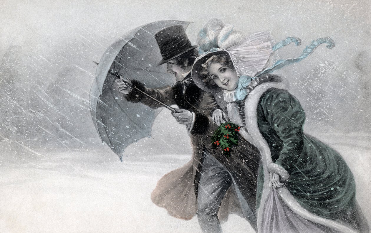 Pariskunta lumimyrskyssä sateenvarjon kanssa 19. vuosisadan loppu/20. vuosisadan alku (printti) tekijältä Raimund Ritter Von Brennerstein (1862 1925) Wichera
