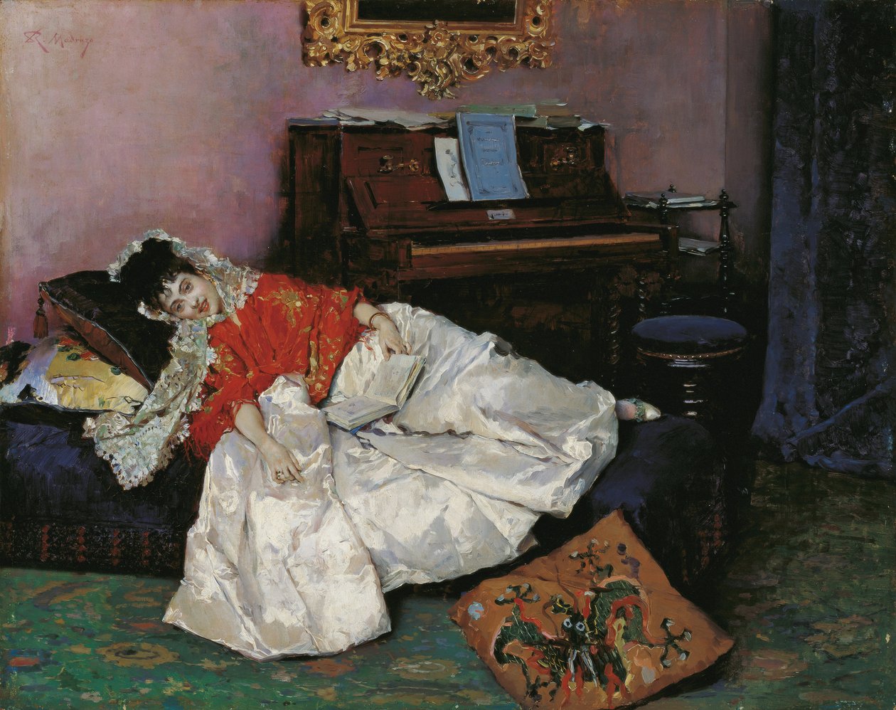 ""Lukeminen"" Muotokuva Aline Massonista vetue a la japonaise (Japonisme) Raimundo de Madrazo y Garretan (1841-1920) maalaus 1883-1885 Museo Carmen Thyssen, Málaga, Espanja tekijältä Raimundo de Madrazo y Garreta
