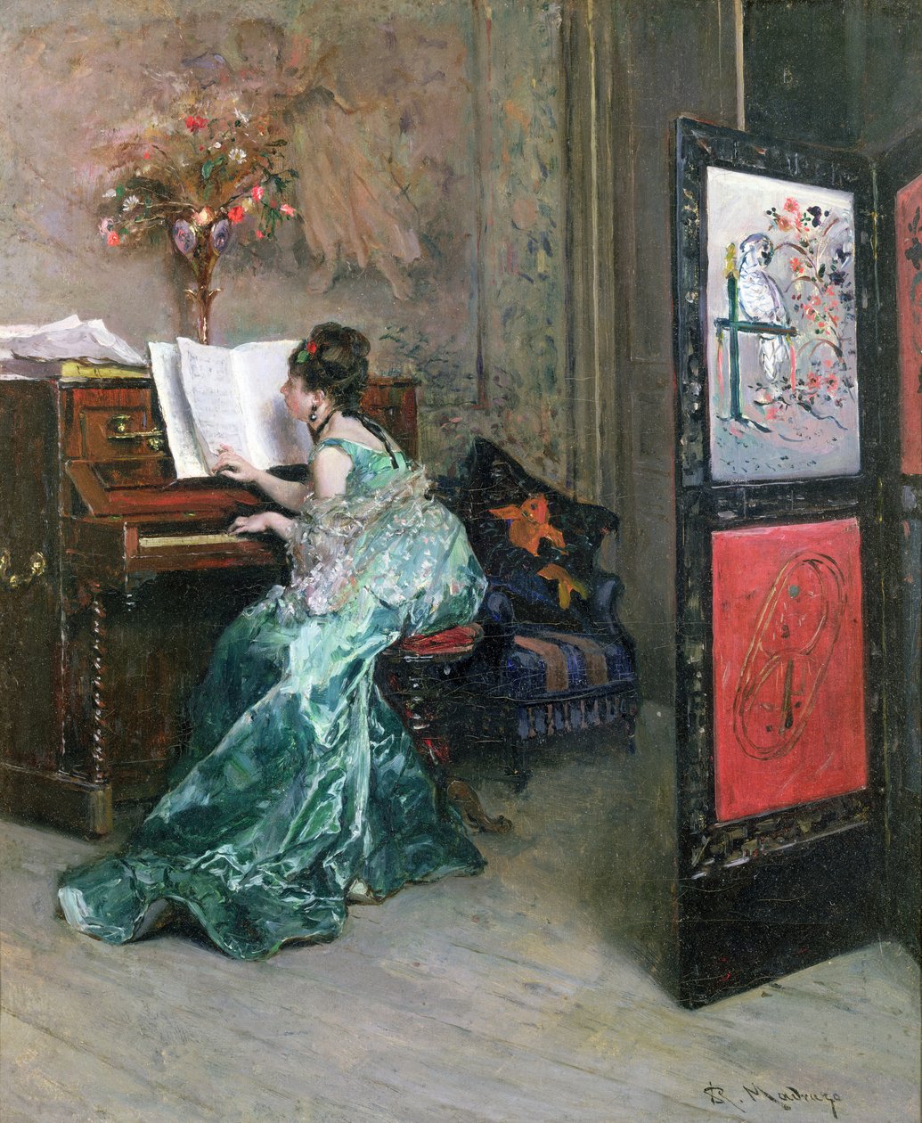 Lady soittaa pianoa sisätiloissa tekijältä Raimundo de Madrazo y Garreta