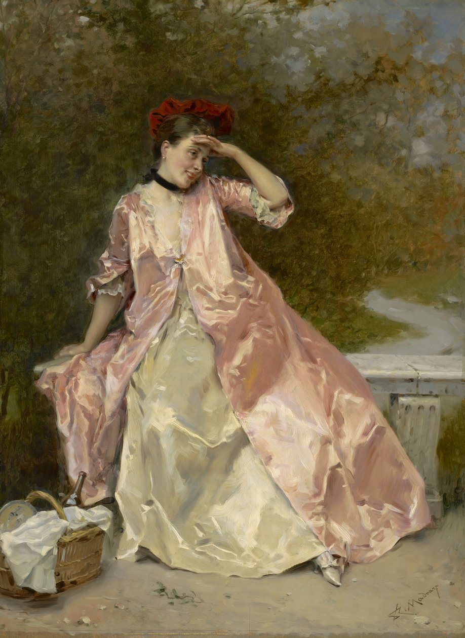 Nainen piknikkorin kanssa, n. 1890 tekijältä Raimundo de Madrazo y Garreta