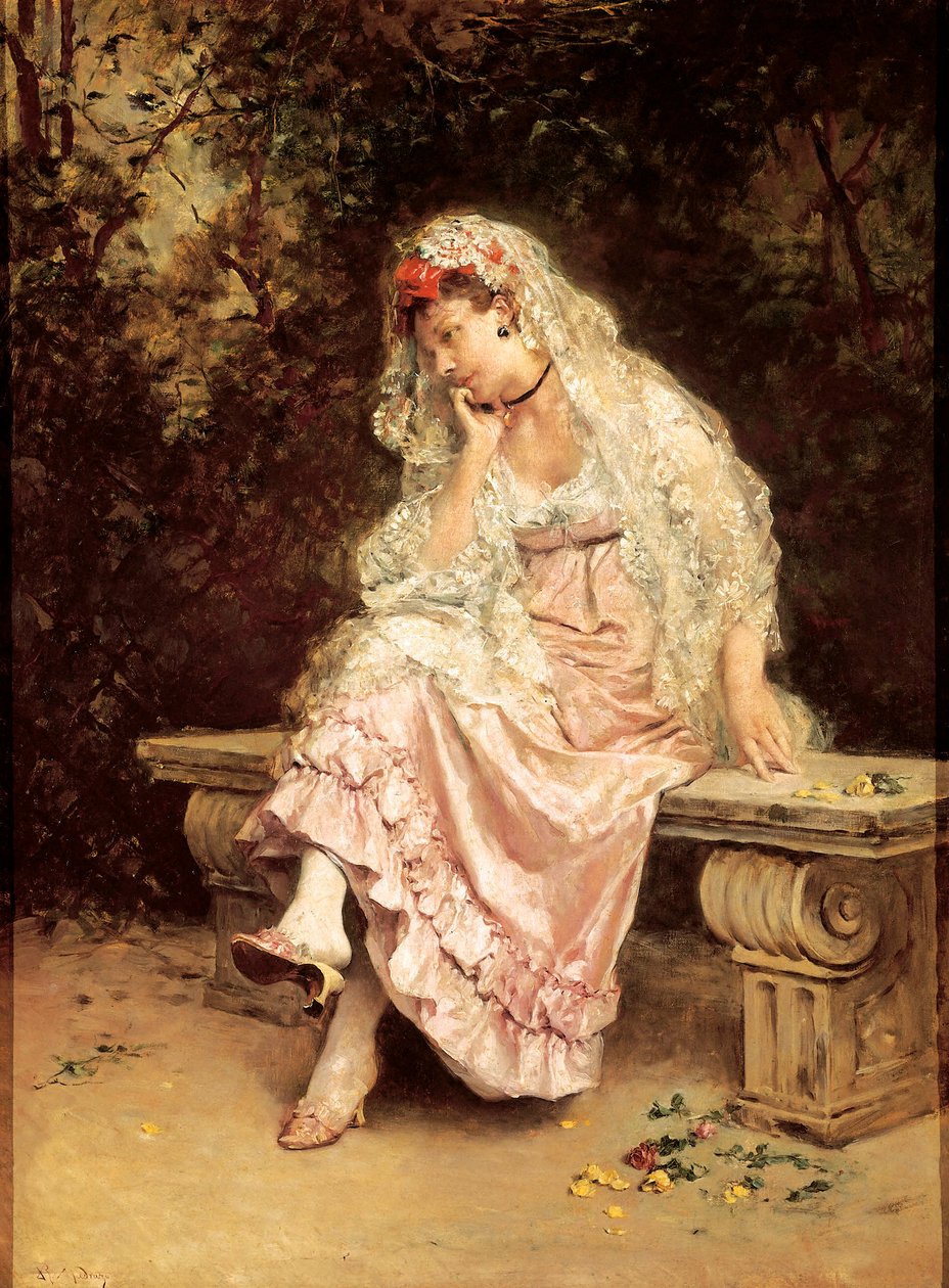 "" Nuori nainen puutarhassa "" Raimundo Madrazon (1841-1920) maalaus. Noin 1900. Bilbao, Kuvataidemuseo. tekijältä Raimundo de Madrazo y Garreta
