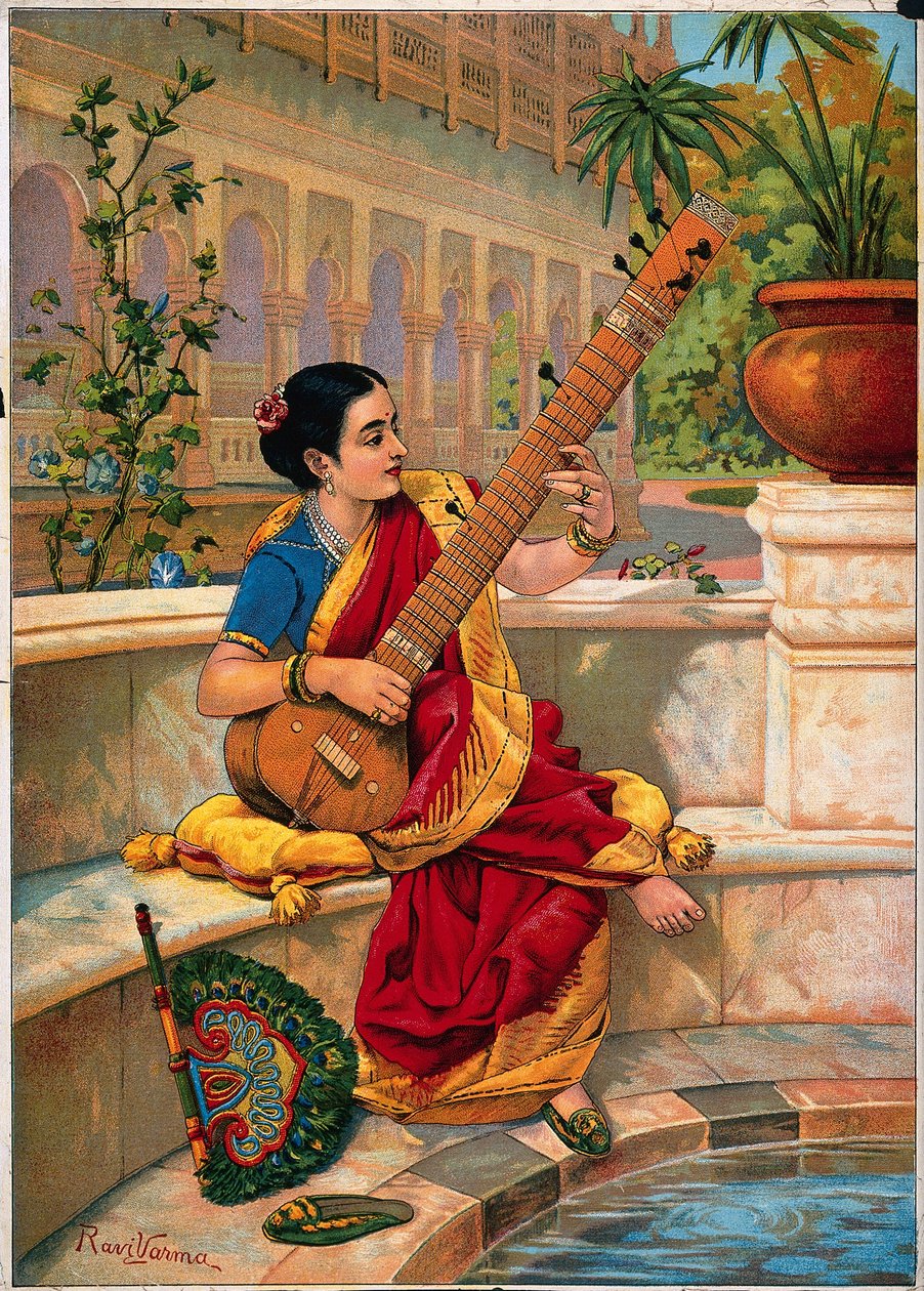 Istuva intialainen nainen soittaa sitaria puutarhalammen vieressä. tekijältä Raja Ravi Varma