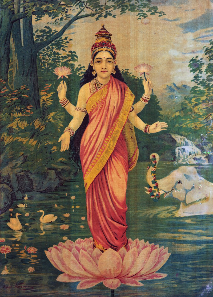 Lakshmi, kirjoittanut Raja Ravi Varma ja Ravi Varma Press, 1930-luku, edit. tekijältä Raja Ravi Varma
