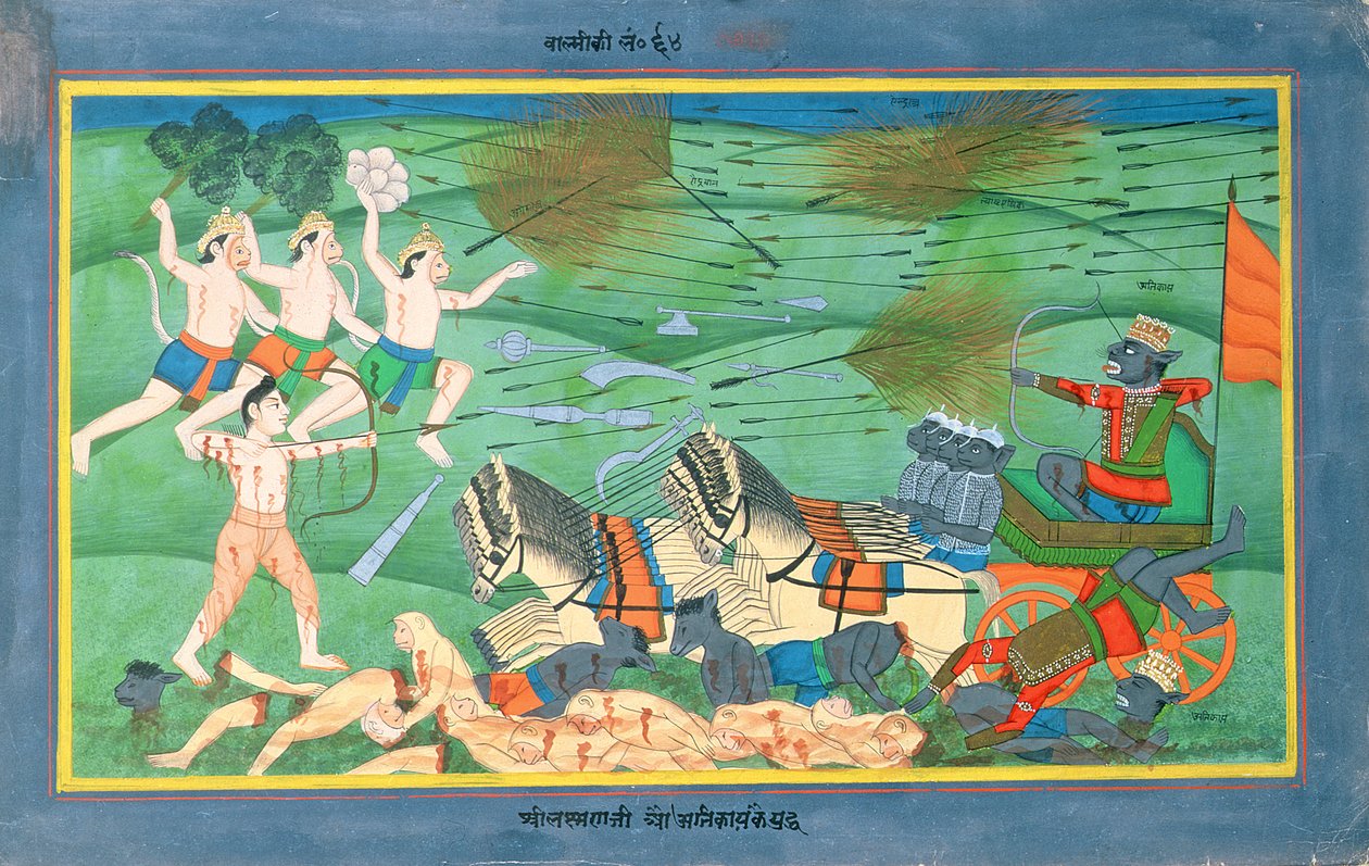 Lankan taistelu Raman ja Ravanan, Rakshasojen kuninkaan, välillä Ramayanasta, 1800-luvun alku (wc paperilla) tekijältä Rajasthani School