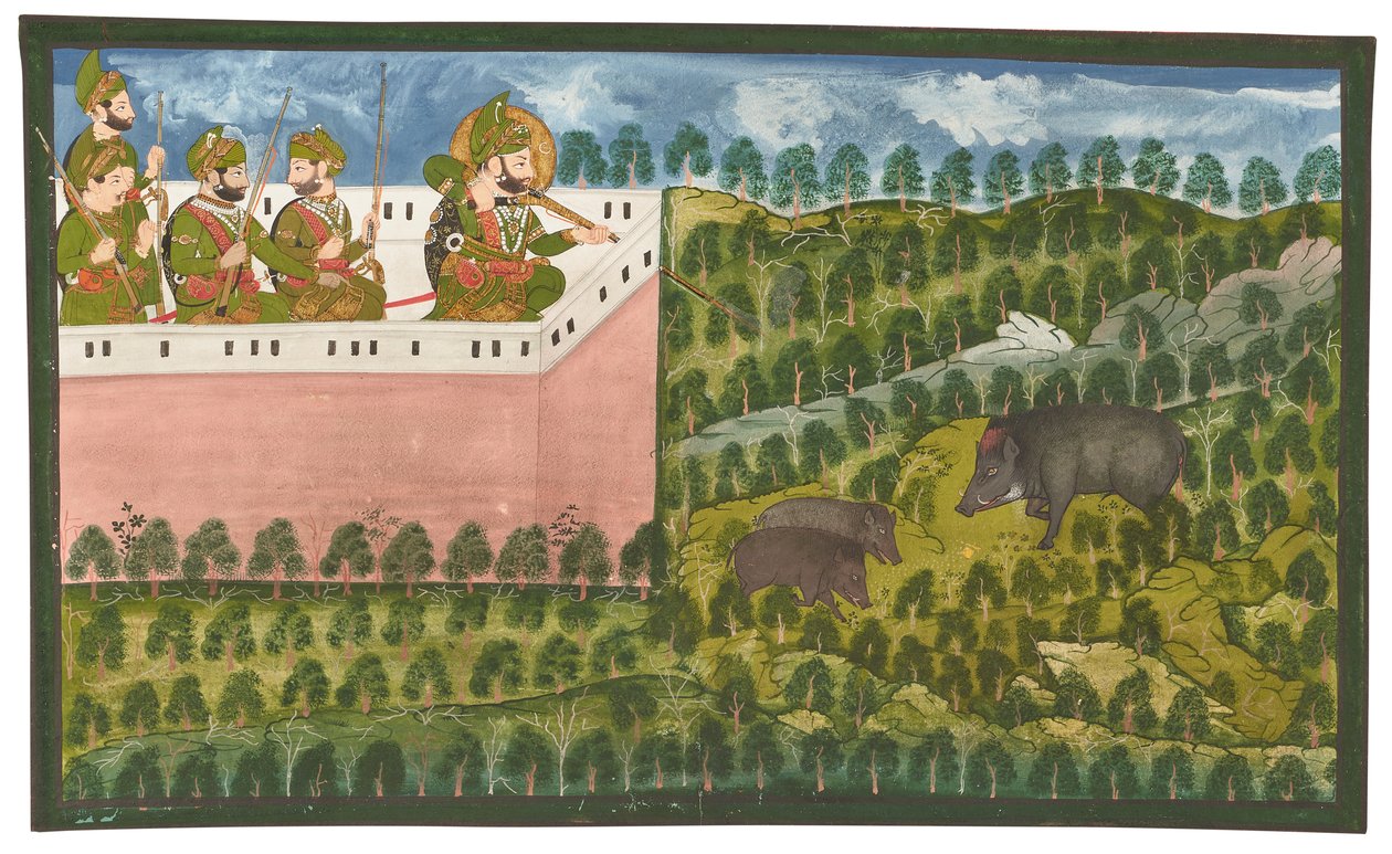 Maalaus Maharana Jawan Singhistä (r.1821-38) metsästämässä villisikaa. tekijältä Rajasthani School