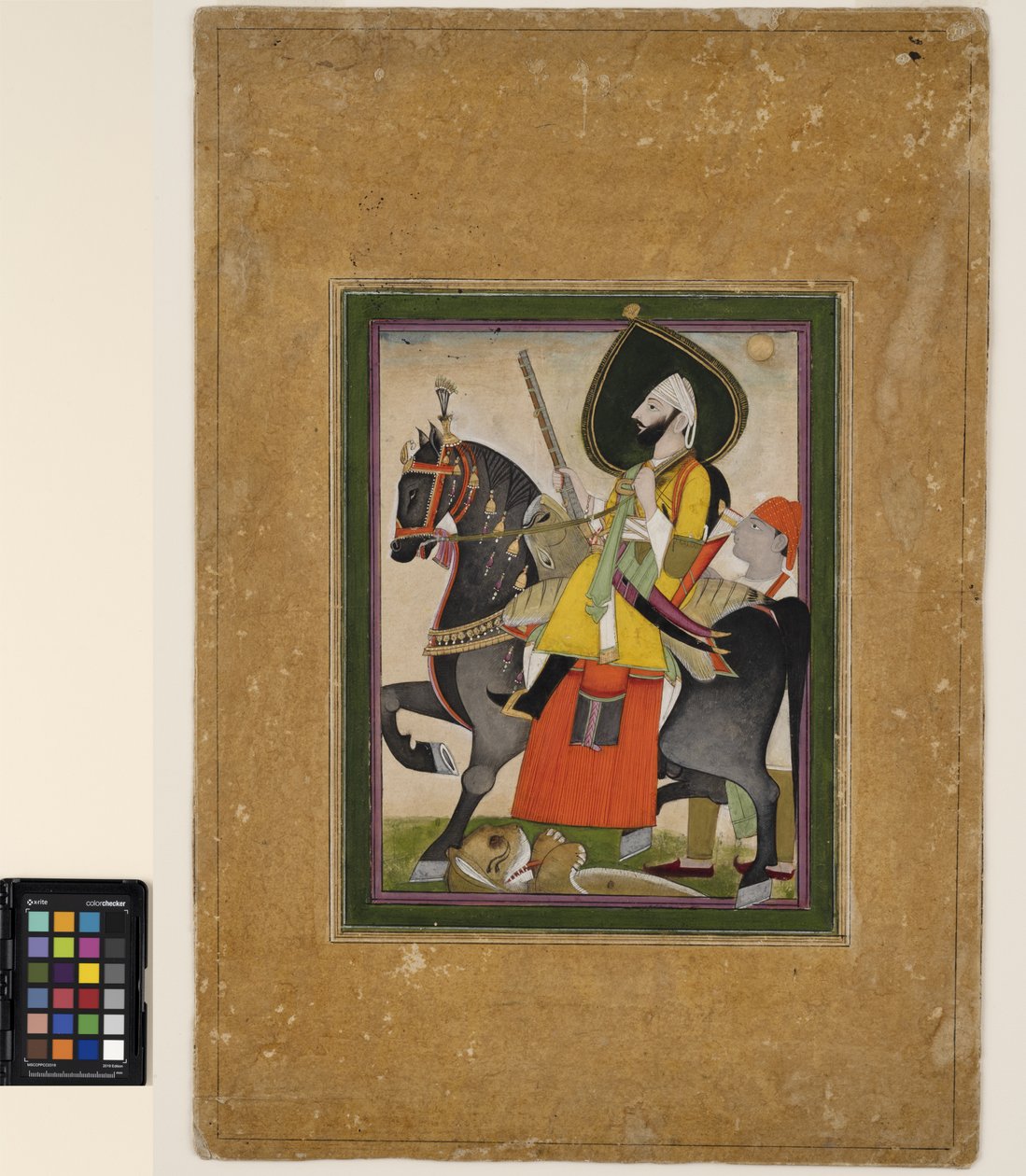 Bakhtawar Singh valloittaa leijonan, n. 1800 (läpinäkymätön akvarelli ja kulta paperilla) tekijältä Rajasthani School