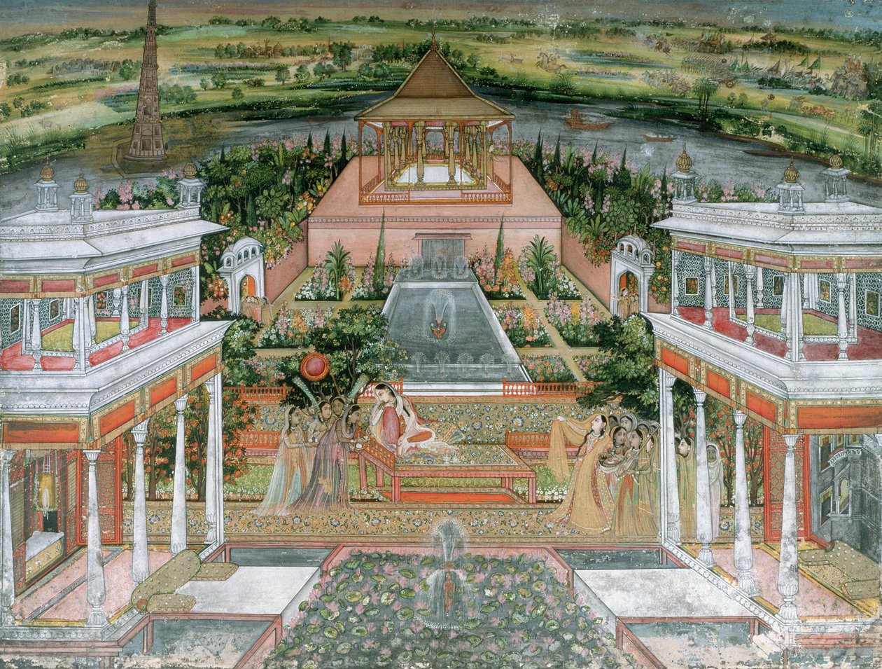 Mughal-prinsessa, jota naispuoliset hoitajat viihdyttävät palatsin puutarhassa Rajasthanissa, 1700 (wc ja guassi paperilla) tekijältä Rajput School