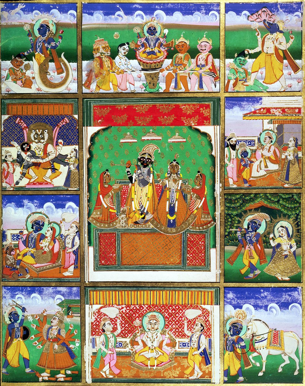 Vishnu kymmenen avatarinsa keskellä, Jaipur, Rajasthan tekijältä Rajput School