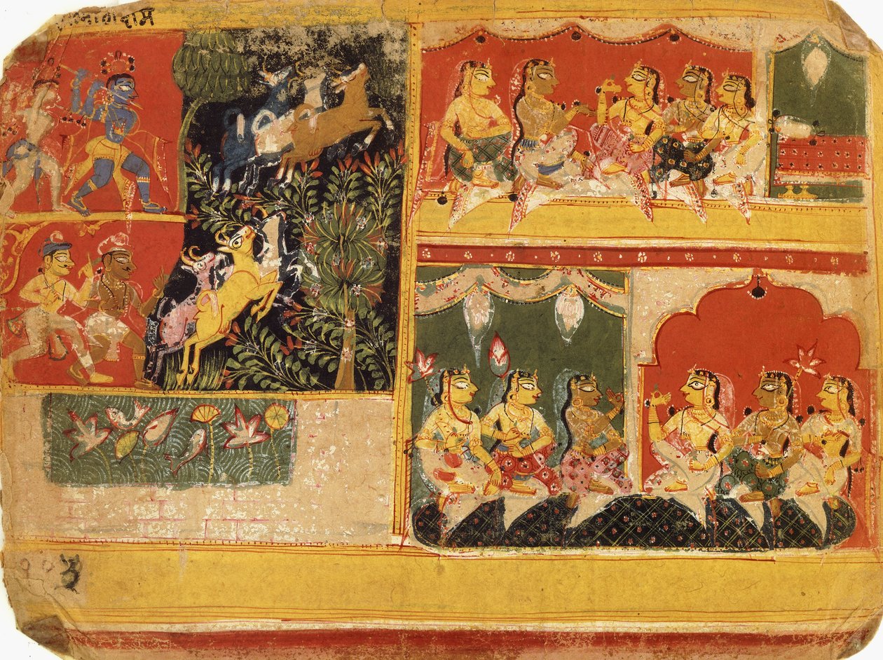 Kuvitus "Bhagvata Puranalle", kirja X, luku 21, n. 1525 tekijältä Rajput School