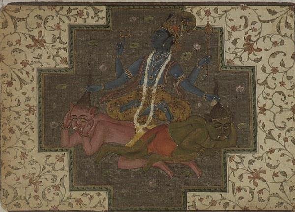 Folio 47.110/69 Vishnu tappaa demonit Madhu ja Katabh, Markandeya Puranan Devi Mahatmya -osiosta, Bikaner, Rajasthan tekijältä Rajput School