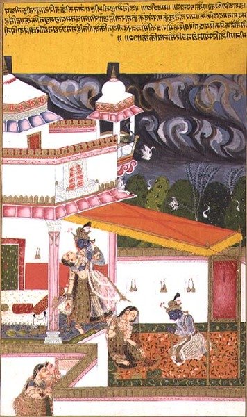Folio 72. Krishna hurraa Radhaa, kun myrsky kerääntyy yläpuolelle "Rasikapriya of Kesavadasa", Bundi-Kotahin alueelta, Rajasthanista tekijältä Rajput School