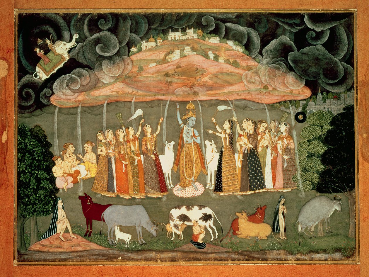 Krishna donant suport a la muntanya Govardhana B Ustad Sahibdin, Bikanerfinish tekijältä Rajput School